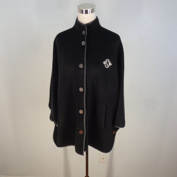 Mark and Graham Women's Black Bat Wing Poncho Lambswool Sz S/M Monogram - Picture 2 of 5